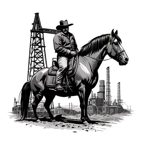 oil rig, horse and cowboy, industrial estate in the background tattoo design idea