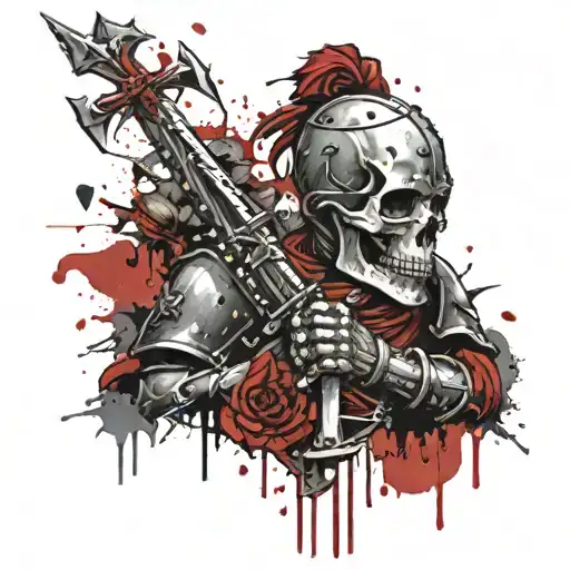 A skull with a knight with a sword tattoo design idea