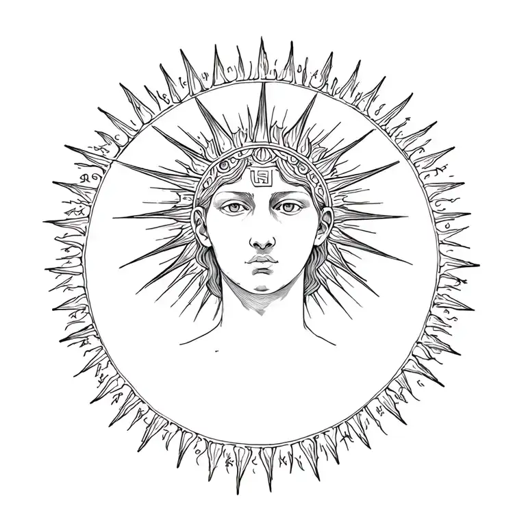 Sun. Rays extending from shoulder to shoulder. Wider than long, no face. Roman inscriptions underneath. tattoo design idea
