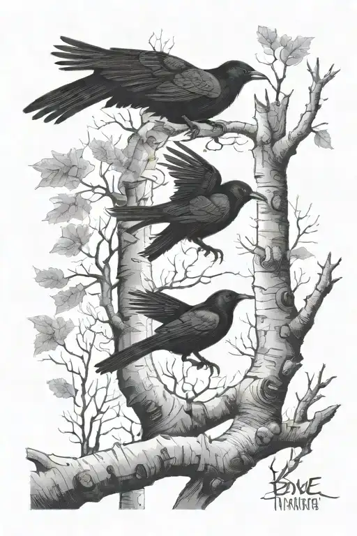birch tree with a raven sitting, robin flying, and woodpecker sitting tattoo design idea