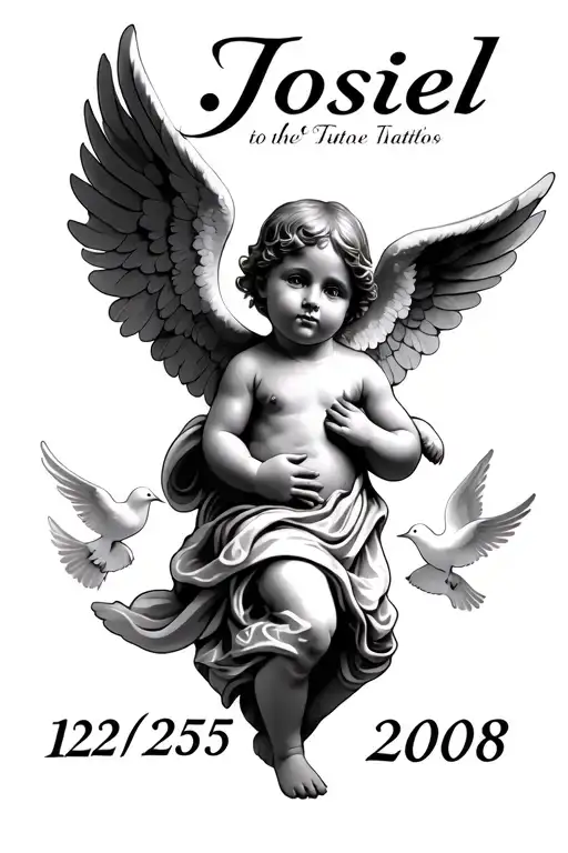 Make me a tattoo with a baby angel the name josiel two doves and the date 12/25/2008 in Roman numbers for a forearm tattoo design idea