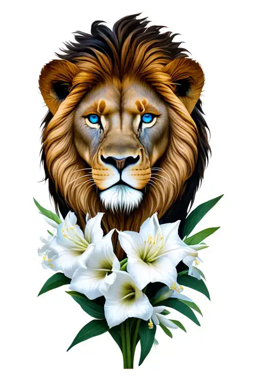 lion with blue eyes surrounded by gladiolus flowers tattoo design idea