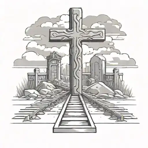 railroad track  spliting left with cross and right with gravestone  tattoo design idea