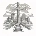 railroad track  spliting left with cross and right with gravestone  tattoo design idea