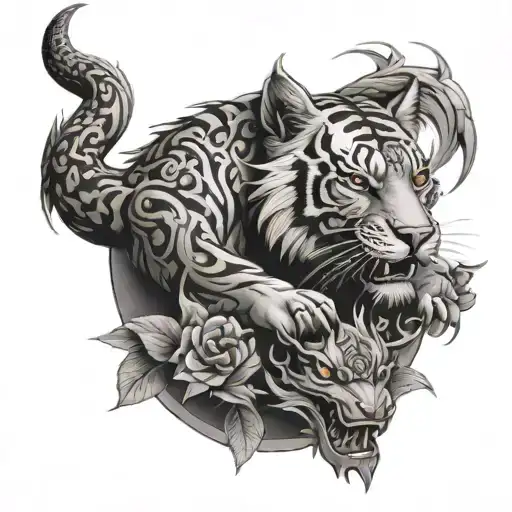 small leg tattoo with tiger and dragon tattoo design idea
