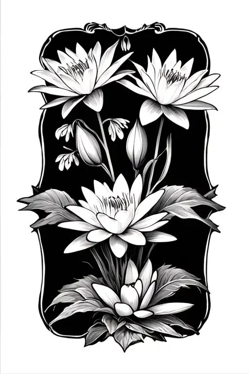 waterlily and larkspur flowers with a lot of background shading  tattoo design idea