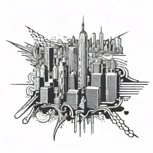 New York: A silhouette of Manhattan's skyscrapers with iconic details like the Empire State Building and the tattoo design idea