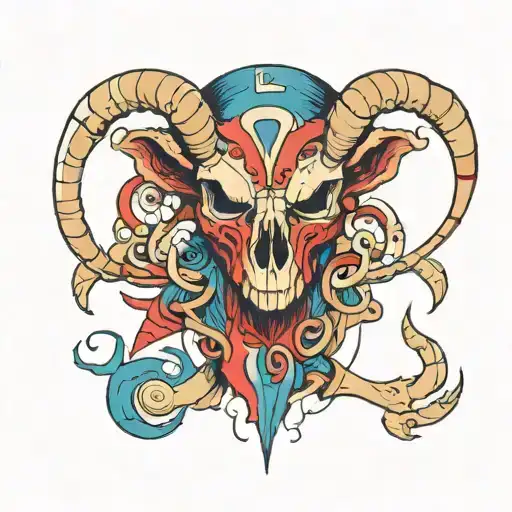 Aries, half angry animal half skeleton,  red and blue, scratched, avantgarde tattoo design idea