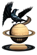 A crow on top of Saturn with 888 angel number tattoo design idea