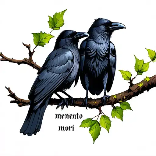 Two crows in a branch with some green leafs. There is an inscription in the branch that says "memento mori".  tattoo design idea
