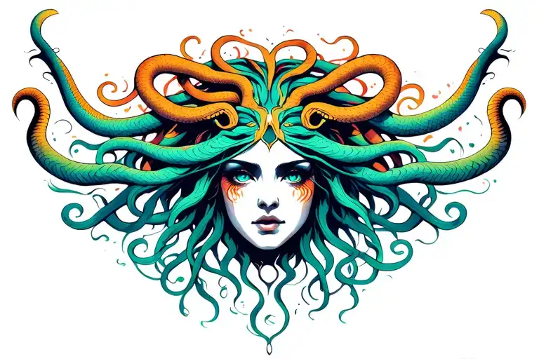 stylized Medusa face at the center, her snake hair blending into symmetrical tribal patterns that extend outward across  tattoo design idea