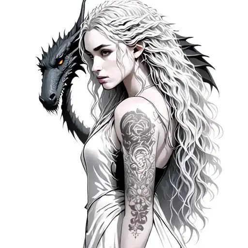 daenerys targaryen (like in series) with dragon behind her back arm tattoo tattoo design idea