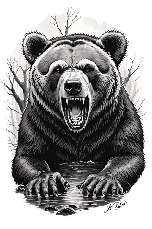 angry bear in woods surrounded tattoo design idea