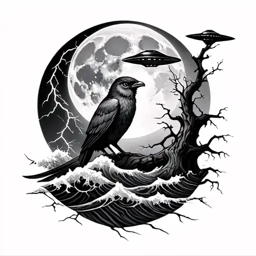 cryptid dark siren, waves, full moon, lightning strikes, dead trees, crow, owl, ufo tattoo design idea