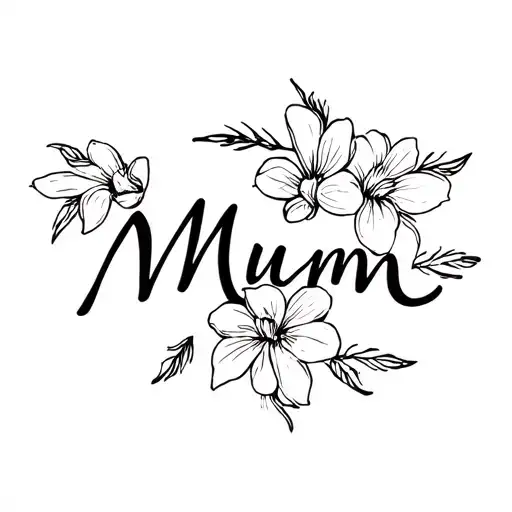 mum written, freesia flowers intertwined tattoo design idea