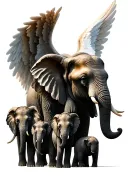 realistic elephants mom and four babies one with angel wings tattoo design idea