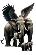 realistic elephants mom and four babies one with angel wings tattoo design idea
