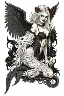 Sexy Angel, pale skin, Big breasts, Wide Hips, Angel wings, Halo, G-String, Revealing bra, Sexual, Bloody, Seductive. tattoo design idea