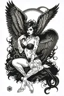 Sexy Angel, pale skin, Big breasts, Wide Hips, Angel wings, Halo, G-String, Revealing bra, Sexual, Bloody, Seductive. tattoo design idea