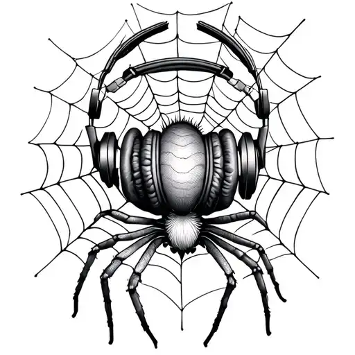 An intricate tattoo featuring a spider weaving a web around headphones, representing the connection between music and creativity tattoo design idea