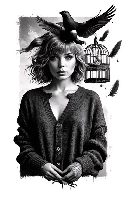 a woman wearing a Taylor swift cardigan and a bird cage on her head and a bird escaping with feathers flying tattoo design idea