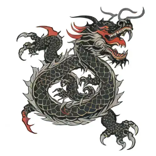timeline black and red Chinese dragon on the spine tattoo design idea