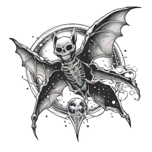 skeleton bat with night sky filled with stars and galaxies tattoo design idea