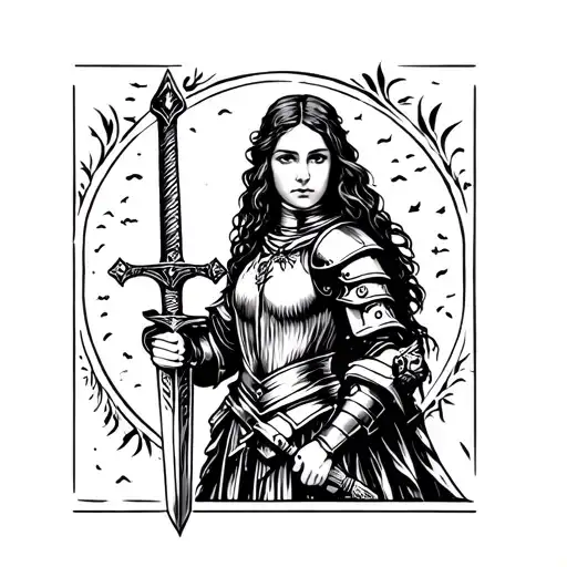 medieval lady knight holding a sword in woodcut style tattoo design idea