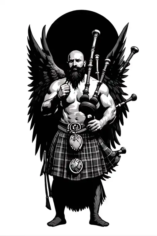 no legs shirtless muscular bagpiper bald black beard playing bagpipes hoge black wings tattoo design idea