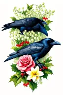 two ravens with lily of the valley, roses, holly, larkspur, and daffodil tattoo design idea