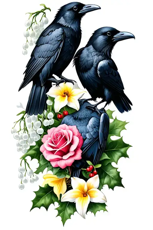 two ravens with lily of the valley, roses, holly, larkspur, and daffodil tattoo design idea