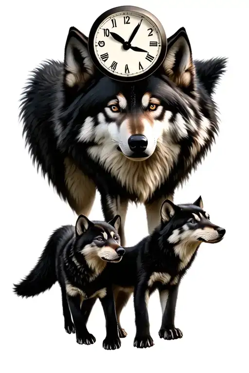 i was a wolf with a Clock on top with The names shamu, Vani, Thayalan and shaheen. eith a wolf family 2 adult 3 cubs tattoo design idea