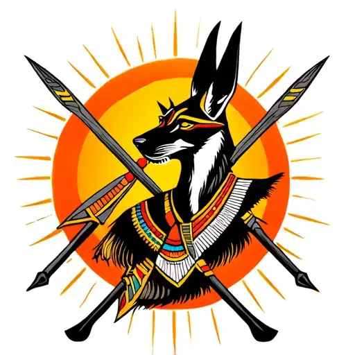 american traditional egyptian jackal with fur like anubis two crossed spears and a sun in the background,  tattoo design idea
