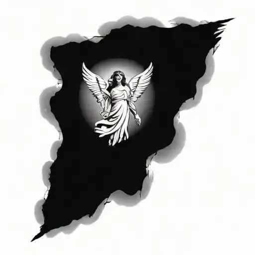 angel surrounded by clouds, leaving earth and looking back to you tattoo design idea