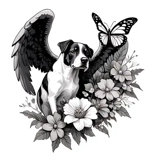 Angel, dog, souci flower and a butterfly tattoo design idea