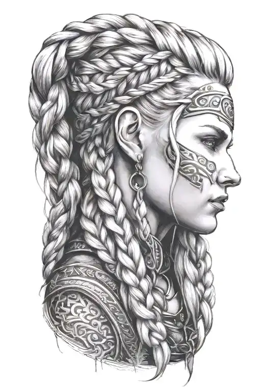 blonde viking woman face profil braids tattoo design idea