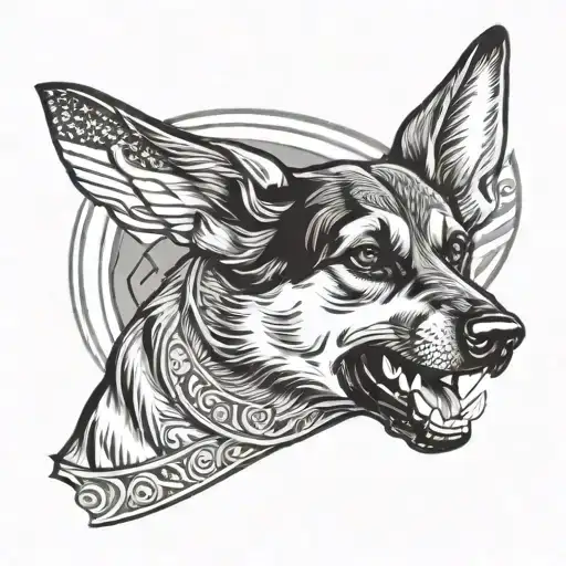 german shepherd  dog open mouth warrior background german flag tattoo design idea
