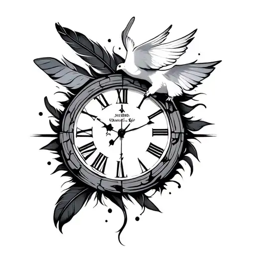 broken clock with feathers and dove tattoo design idea