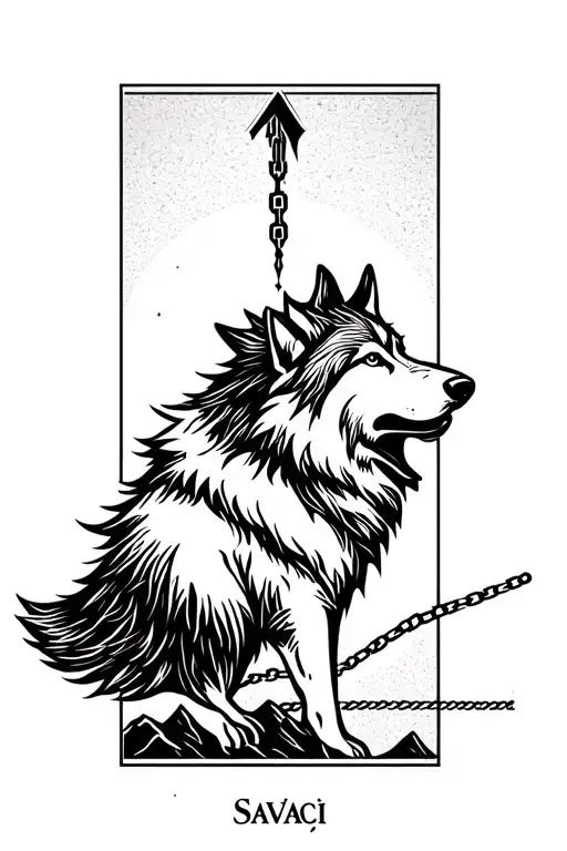 A minimalist single fine-line black ink tattoo featuring a howling wolf silhouette facing upward, with subtle stylized mountain peaks along its body, a broken arrow shape with a chain link end at the tip of the wolf's tail, and the Old Turkic script 'SAVAŞÇI' at the bottom, all in a vertical elongated layout to fit a narrow forearm space. tattoo design idea