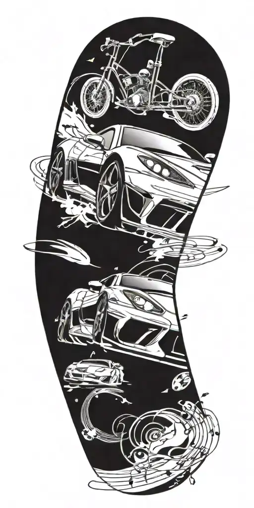 Incorporate a sleek sports car racing through a musical staff with notes that represent your favorite song, symbolizing your love for cars and music tattoo design idea