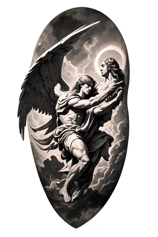 archangel fighting on shoulder and bicep coverup tattoo design idea