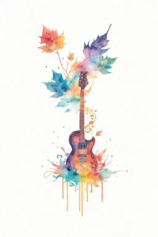 electric piano, guitar, drums, sheet music, maple leaf tattoo design idea