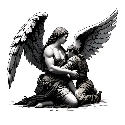 angel with a kneeling soldier  tattoo design idea