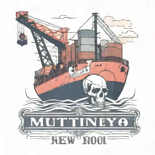 Container Ship with a crane behind and a skull and anchor with text below that says MUTINY tattoo design idea
