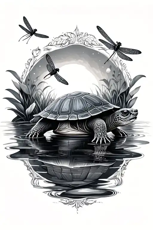 A realistic turtle watching dragonflies with a water lily border in a Black and grey tattoo tattoo design idea
