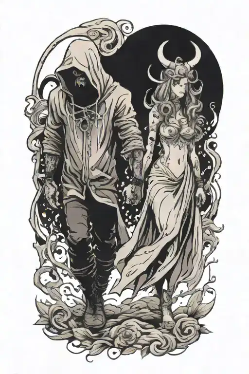 a girl and a huge hooded beast or demon walking side by side holding hands tattoo design idea