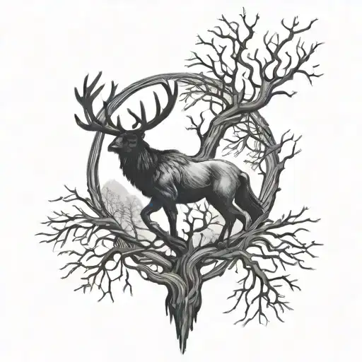 yggdrasil tree, ravens flying, deer antlers tattoo design idea