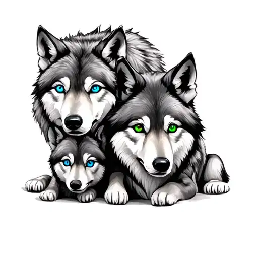 parent wolf with blue eyes with 2 older cubs with blue and green eyes tattoo design idea