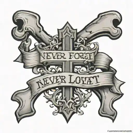 a cross thatbottom of the cross into the ground like a tree with ribbon going around it that says "never forget loyalty" tattoo design idea