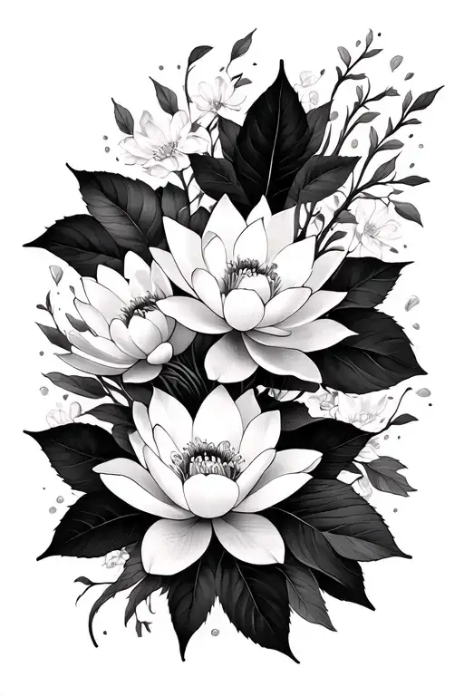 Women's forearm tattoo in black and white with Sakura flowers as the main flowers surrounded by lotus flowers and shapes tattoo design idea